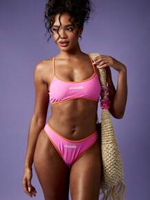 Missguided x Playboy 对比色绑带吊带上衣和高腿下装两件套比基尼 - 彩色 - 查看 5