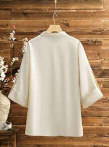 Lacomfia Plus Size Floral Embroidery Front Button Elegant Fashion Roll Up Sleeve Blouse