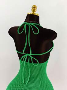 Amplova Pearl Shell Decor Backless Halter Neck Bandage Bodycon Tight Mini Dress - Green - View 7