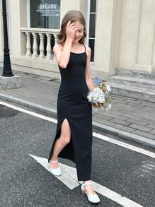 SHEIN Tween Girls Casual High Slit Cami Dress - Black - View 1