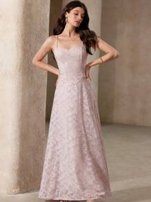 Revavyn Women's Romantic Elegant Simple Jacquard Solid Color Sleeveless Maxi Dress - Pink - View 5