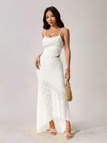 SHEIN PETITE Bộ đồ hai mảnh ren xuyên thấu viền bất đối xứng và váy đuôi cá nhún bèo dài bất đối xứng cạp trễ dành cho mùa cưới xuân hè dành cho nữ - trắng - Xem 3