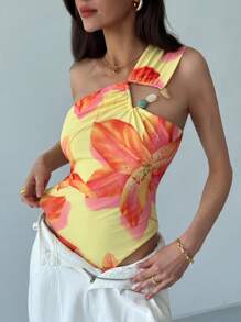 Aloruh Nuevo body de ajuste ceñido con cuello de ojo de cerradura en color liso, de estilo bohemio romántico con impresión floral de malla triangular y detalle de tirantes cruzados