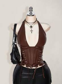 SHEIN ICON 大码女式纯色简约休闲 PU 皮革露背领扣眼装饰系带背心 Y2K 外出酒红色 V 领露肩上衣 - 棕色 - 查看 5