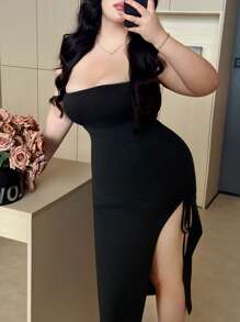 Flirla Plus Size Women Solid Color Strapless Slit Ruched Mini Dress - Black - View 6