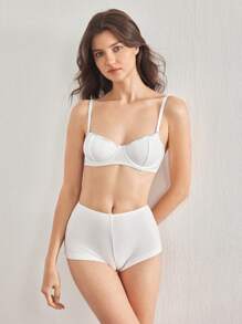 Ocili Leisure Comfort Rib Cotton Wireless Cup-Less Bralette And High Waist Short Panty Set For Women - White - View 5