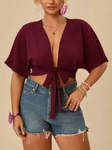Travachic Plus Size Women's Summer Sexy Casual Solid Color Batwing Sleeve Knotted Front Cropped Blouse - Burgundy - View 1
