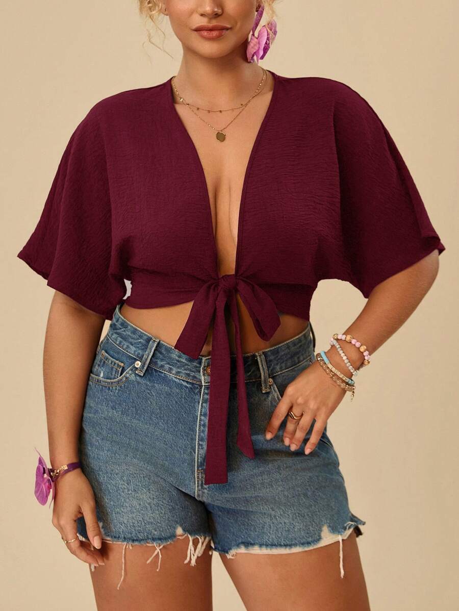 Travachic Plus Size Women's Summer Sexy Casual Solid Color Batwing Sleeve Knotted Front Cropped Blouse - Burgundy - View 1