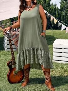 EMERY ROSE Plus Size Sleeveless Army Green Contrast Lace Asymmetrical Midi Flowy Dress,Dual Side Pockets,Casual Boho Summer Vacation Sage Green Dresses For Women - Army Green - View 6