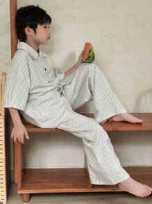 DAZY Tween Boys Loose Striped Pajama Set With Collar Cardigan And Straight Leg Pants, Summer,Back To School Clothes - Apricot - View 4