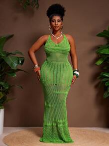 Veslaya Plus Size Green Sheer Sexy Halter Mini Sweater Dress Green Maxi Dress Crochet Maxi Dress Mesh Maxi Dress Green Crochet Dress Crochet Dress - Green - View 4
