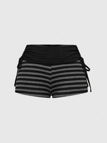 ROMWE Punk Style Vintage Music Festival Striped Contrast Color Drawstring Super Short Women Shorts - Black - View 1