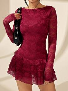 SHEIN PETITE Women's Burgundy Elegant Long Sleeve Lace Trim Floral Layered Ruffle Hem Mini Club Dress,Autumn Night Out Drop Waist Birthday Party Mini Dress - Burgundy - View 7