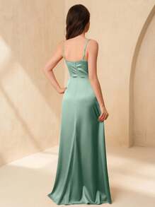 SHEIN Wedding Season Flower Girl & Teen Girls Elegant Satin Ruffle Thigh Slit Bridesmaid Dress, Formal Gown For Prom, Birthday Party, Wedding Fall Winter