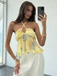Aloruh New Ditsy Floral Ruffle Print Tie Halter Crop Yellow Top, Beach Resort Style, Summer Top - Yellow - View 2