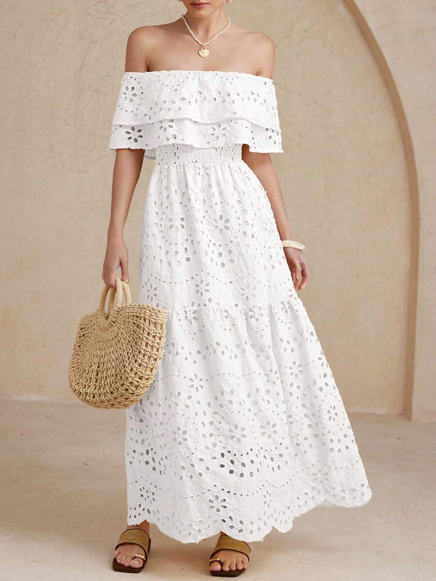 Aveloria Rosie Đầm Maxi Dài Ôm Vừa Vặn Một Bên Vai Thêu Rỗng Ruffle Trim Cho Nữ, Phong Cách Kỳ Nghỉ - trắng - Xem 1