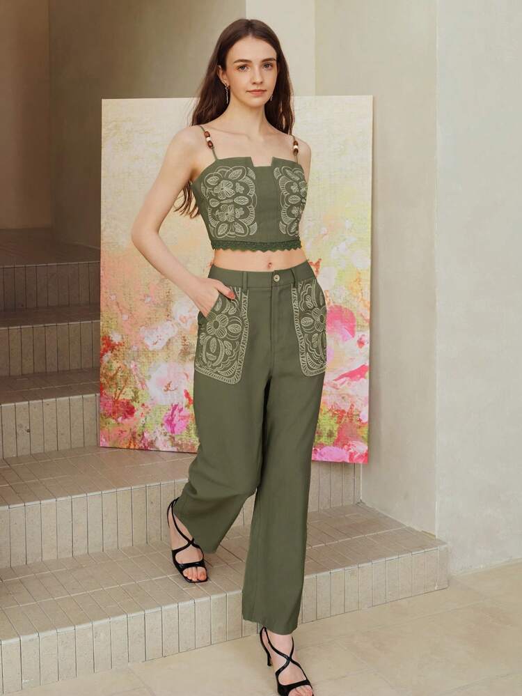 LINEN EMBROIDERY SLANT POCKET PANTS