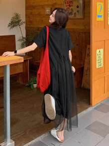 DAZY Abito midi casual a maniche corte con arricciature, girocollo, senza stampe, estivo, da donna