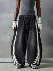 NEON BLANC Men's Streetwear Loose Fit Embroidered Curved Hem Long Denim Jeans - Black - View 2