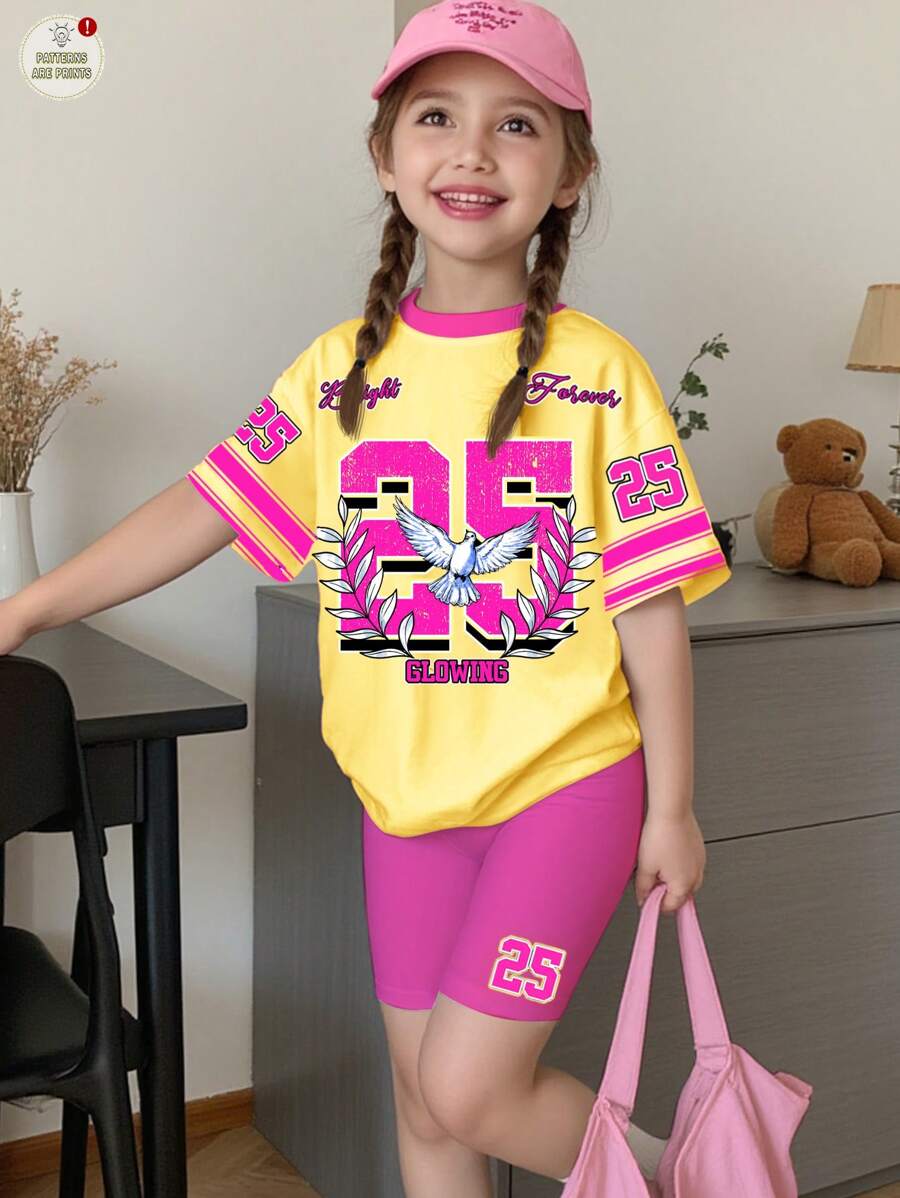 SHEIN Bộ 2 áo thun tay ngắn in chữ đơn giản và quần short cho bé gái, phù hợp cho mùa hè - Nhiều màu - Xem 1