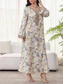 SHEIN Najma 女士花卉印花、钩针拼布、长袖连衣裙、端庄优雅的 A 字形卡夫坦和 Jalabiya 连衣裙，适合晚会/婚礼嘉宾/周年纪念/日常穿着 - 彩色 - 查看 3
