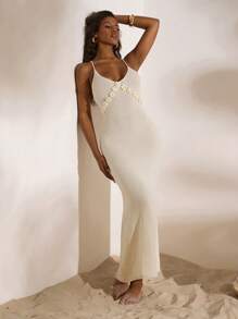 Opulessa 女式纯色3D花朵装饰修身优雅针织吊带裙 - 杏色 - 查看 6