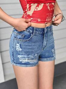 SHEIN Girlism 少女时尚休闲 Y2K 复古酷炫镂空破洞磨边设计蓝色牛仔弹力紧身卷边破洞牛仔短裤，适合少女日常穿着，柔软舒适，也适合少女夏季和秋季的锐舞派对、音乐节、海滩、街头风、校园风等场合。 - 藍色 - 查看 3