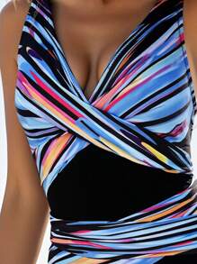 SHEIN Summer New Random Print Patchwork Solid V-Neck Sleeveless Elegant One Piece Swimsuit