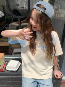 DAZY Tween 女童休闲运动字母印花撞色插肩短袖 T 恤，夏季，返校服