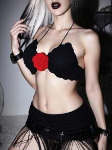 ROMWE 女士性感玫瑰花 3D 钩针挂脖无袖套头衫，度假风格 - 黑色 - 查看 3