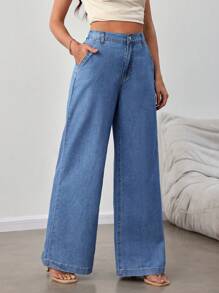 SHEIN Tall Jeans de pierna acampanada de ajuste holgado para mujeres, azul