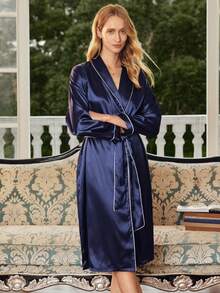 EverLounge Women's Loose Fit Drop Shoulder Shawl Collar Long Sleeve Sleepwear Robe, Long Satin Robe Sleepwear, Winter - Navy Blue - View 5