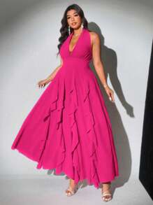 Viva Relle 大码女式优雅纯色露背蝴蝶结荷叶边下摆波浪海滩生日派对俱乐部音乐节连衣裙，春夏新品