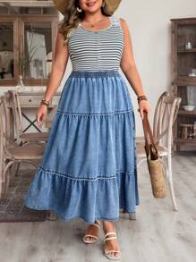 EMERY ROSE Women Plus Size Casual Side Button Ruffle Hem Denim Skirt, Suitable For Vacation - Medium Wash - View 3