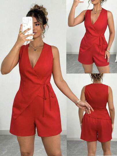 Elenzga 2 peças/Conjunto Regata e Shorts Assimétricos com Cadarço Vermelho Vintage Estilo Plus Size, Conjunto Combinando