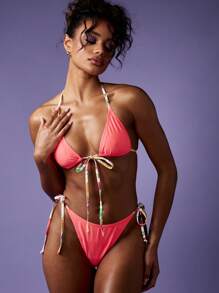 MISSGUIDED Ruched Triangle Bikini Set Summer Beach Swimsuit With Floral Print Ties High Cut Brazilian Bottom Vacation Resort Wear Pool Party Beachwear - Red - View 1