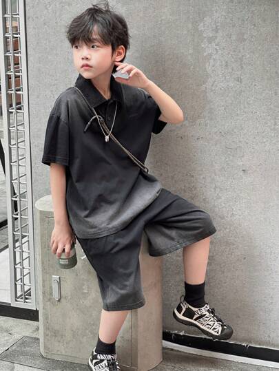 DAZY 2 件青少年男童休闲 Polo 衫和短裤套装，休闲街头风格宽松 T 恤和短裤套装，夏季，返校服装