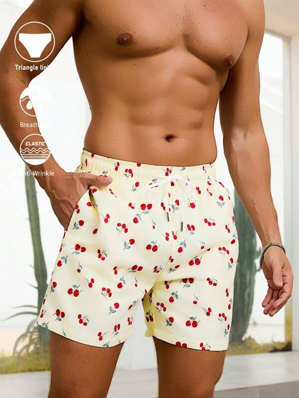 Manfinity Men's Cherry Print Drawstring Waist Pockets Beach Shorts