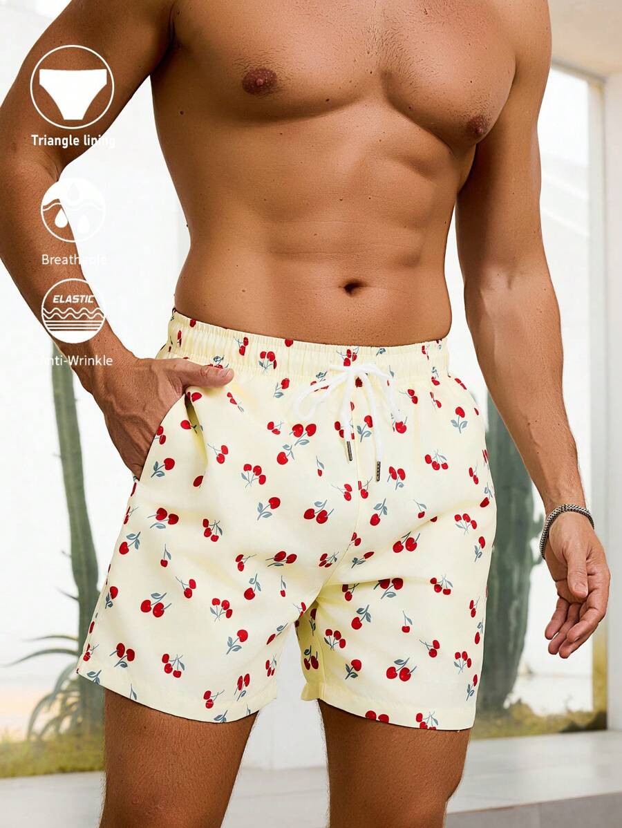 Manfinity Men's Cherry Print Drawstring Waist Pockets Beach Shorts - Yellow - View 1