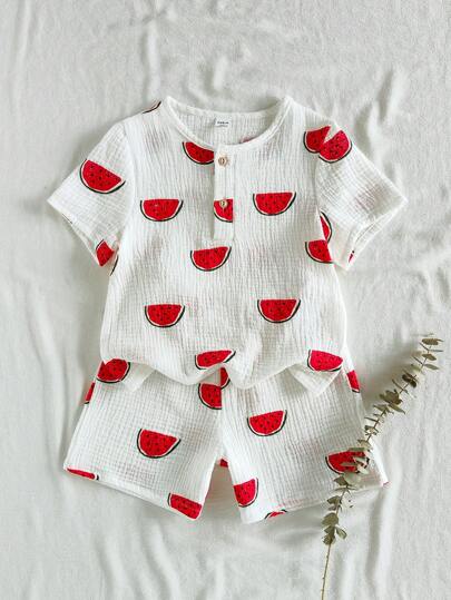 SHEIN Vintaside Kids 2pcs Young Boy Watermelon Fruit Print Soft T-Shirt And Shorts Set, Comfort Summer Outfit Summer Holiday