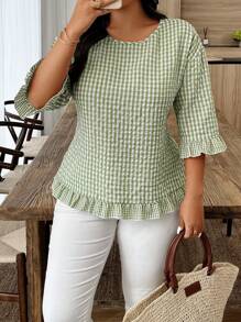 Weeklong Plus Size Casual Vacation Plaid Ruffle Trim 3/4 Sleeve Blouse