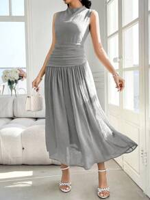 Modelyn 女士设计感无袖褶皱立领连衣裙 - 灰色 - 查看 4
