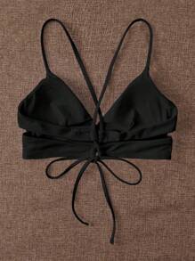 SHEIN Swim 女士纯色系带装饰性感比基尼上衣，适合夏季海滩 - 黑色 - 查看 2