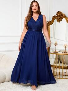 SHEIN Clasi Plus Size Women's Elegant Royal Blue Wedding Guest Dress,Autumn Formal V-Neck Lace Wave Edge Sleeveless A-Line Flowing Chiffon Long Dress - Navy Blue - View 10