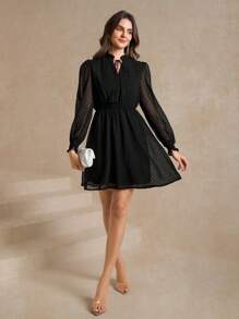 Amorya Swiss Dot Tie Neck Frill Trim Dress Black Dress Dress For Wedding Guest - Black - View 5