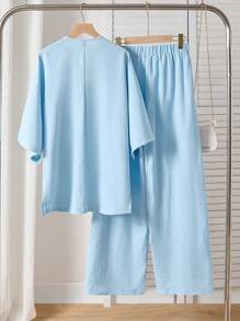 Women's New Casual Loose Lapel Blue Shirt Top And Pants 2 Pieces Set, Spring/Summer Daily Wear Mommy And Me Matching Outfits (3 Sets Sold Separately), Modest