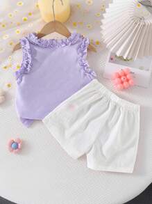 Genkimix Kids 2pcs/Set Toddler Girls' Cute & Elegant Purple Ruffled Trim Knit Camisole Top With Woven Shorts, Casual Spring/Summer Outfit For Party, Wedding, Vacation Girl Summer Clothes Set Sets For Girls Clothes Summer Outfits For Girls Clothes Set Girls Summer Clothes Sets - Purple - View 2