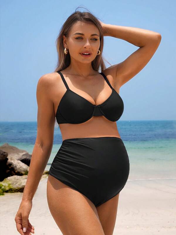 SHEIN Conjunto de tankini y bikini para embarazadas de unicolor con tirantes finos y falda pareo fruncida