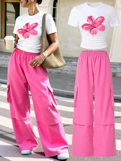 2 件套青少年休闲热带花卉印花短款 T 恤 + 宽松工装裤，海滩度假街头风格