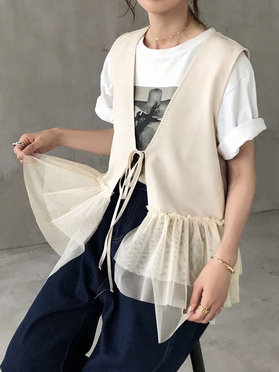 FRIFUL Áo không tay mùa hè cho nữ với thiết kế buộc dây phía trước và các tấm lưới - Màu be - Xem 1